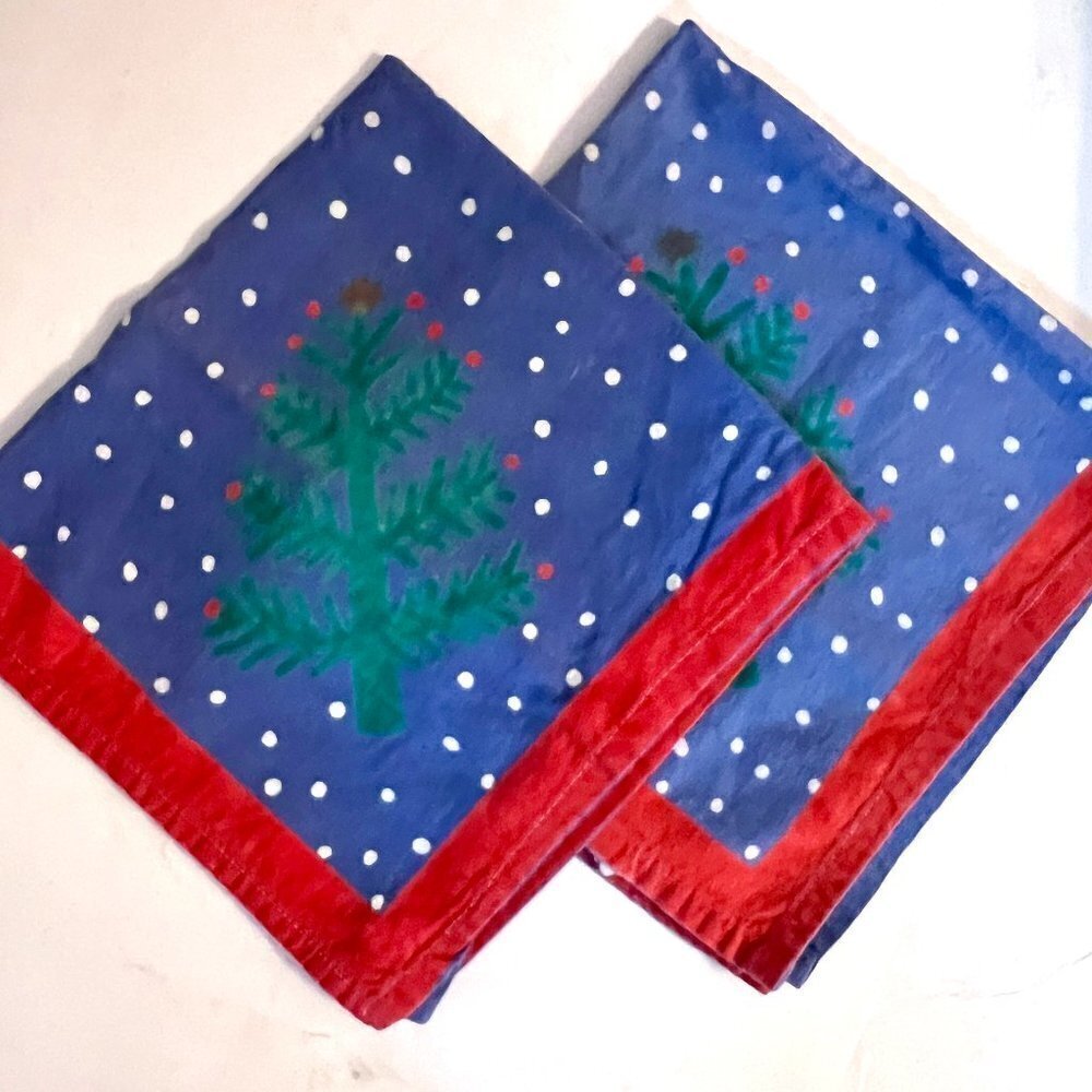 TAG Vintage 80s Christmas Holiday Farmhouse Retro Boho Blue Tree Napkin Pair Set